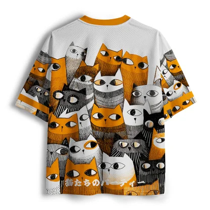V Neck Mesh Short Sleeve Jersey, Hand Drawn Group Cats Print Tee, Cute Cartoon Animal Pattern Casual Loose Street Top