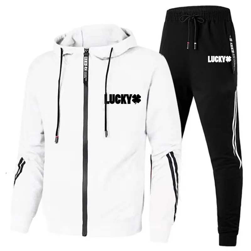 Men's Sports Suit Long Sleeved Zippered Jacket Pants Set Jogging Outfit Women's Clothing Fashion Print Lucky Grass Casual Set