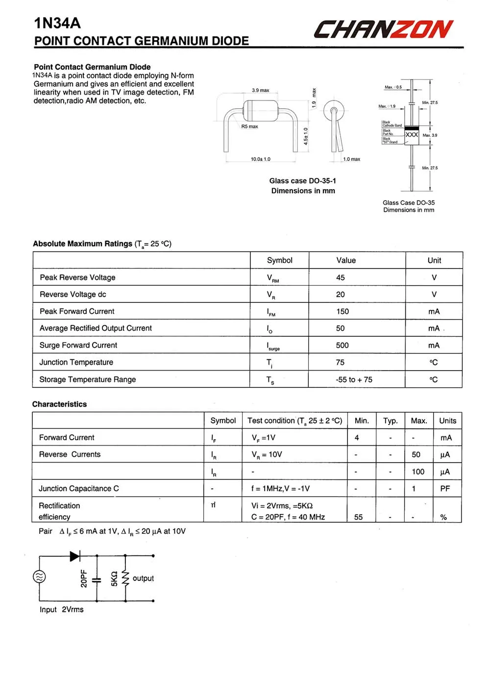 20 Pcs 1N34A 1N34 Germanium Diode 50mA 65V DO-35 DO-204AH IN34A IN34 Axial GE for TV FM AM Radio Detection