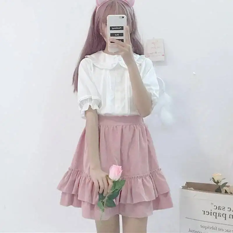 Preppy نمط Kawaii بيتر بان طوق البلوزات المرأة الصيف الحلو كشكش قصيرة الأكمام قميص أبيض فتاة اليابانية لوليتا Jk القمصان #6