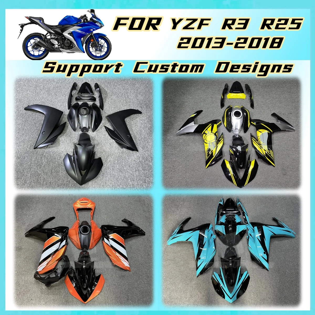 ABS Injection Fairing Kit for Yamaha YZF R3 R25 2013-2018 YZFR3 YZFR25 13-18 Motorcycle Bodywork Set Pre-drilled Parts Fairings