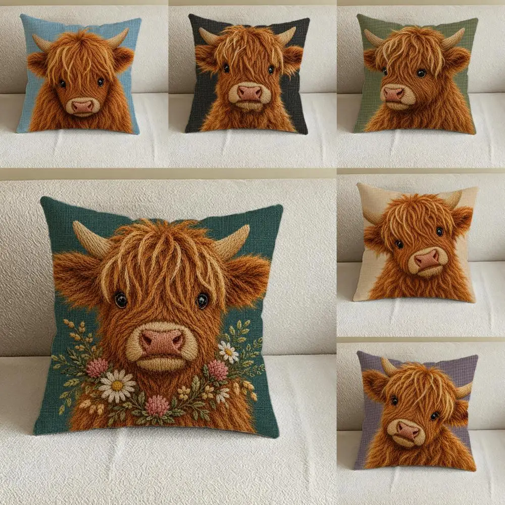 Animal 2D Flat-Printed Highland Cow Cushion Cover Natural Linen Pillowcase Set, All-in-One Decor for Sofa, Bedroom & Chair