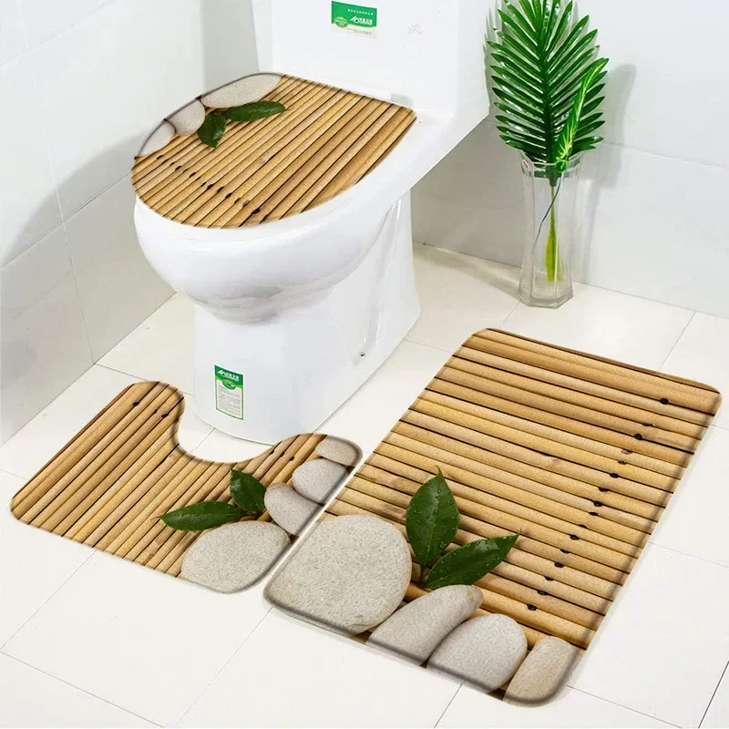 3PCs set bamboo bath mat Pebble leaves elegant flannel anti slip bathroom rugs carpet toilet lid cover bathroom accessories set