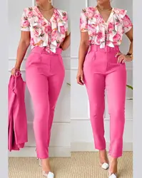 Set di due pezzi donna Outifit 2023 Summer Fashion stampa floreale con scollo a v manica corta Top e pantaloni Casual con Design tascabile con cintura