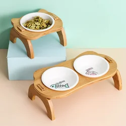 Cat Double Bowl Elevated Eco-Friendly Bamboo Pet Food Bowls Cat Feeder Raised Dog Bowl Double Ceramic