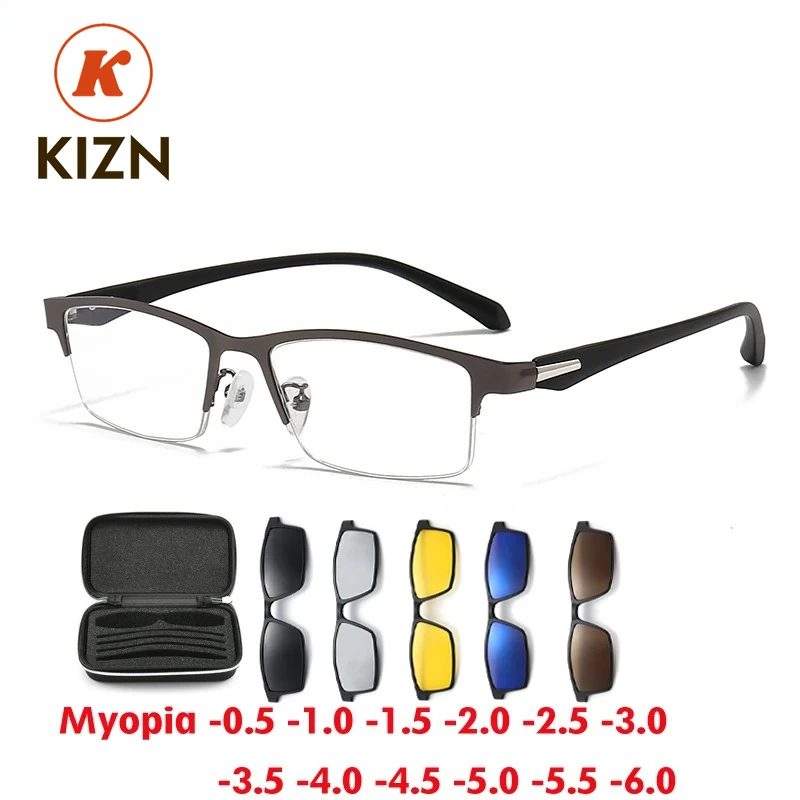 KIZN Sports Half Frame Polarized Myopia Sunglasses 6 In1 Alloy Men Women Magnetic Clip Glasses Optical Prescription Eyewear-0.5