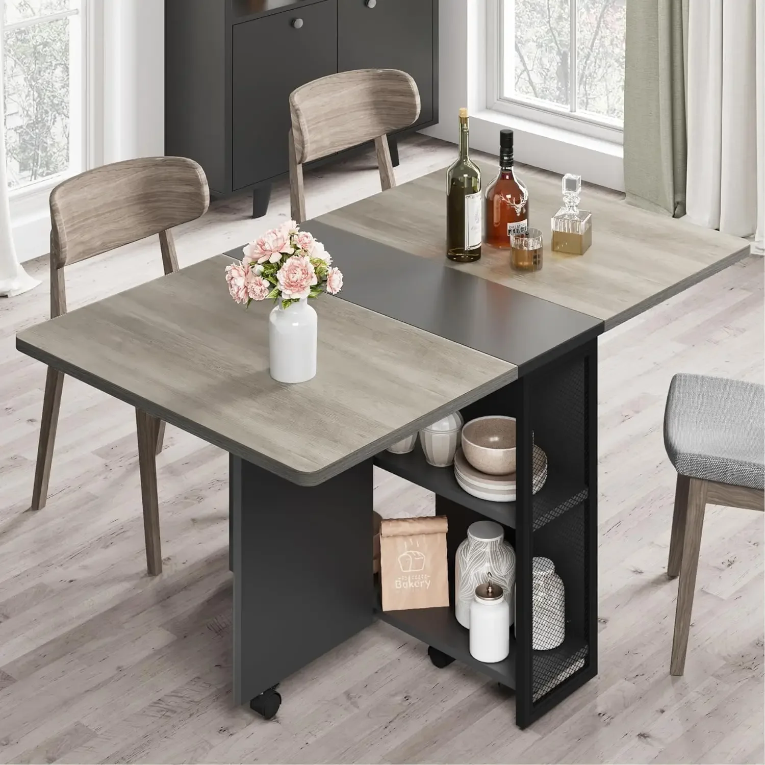 FoldingTable, Drop Leaf Dining Table with 6 Wheels and 2-Layer Storage Shelf, Space Saving Table for Small Spaces (Slate Oak