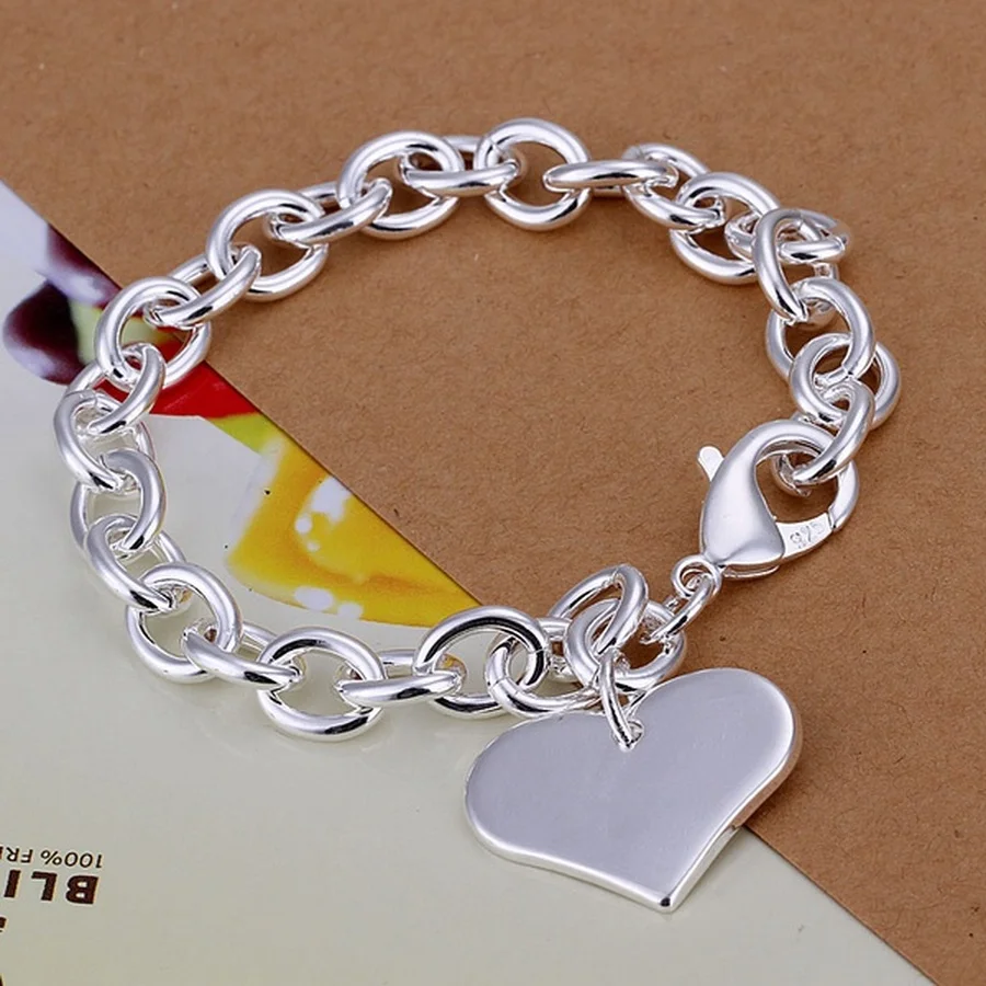 

Fine 925 Sterling Silver Bracelet Charms Heart Chain Popular Valentine Gift Jewelry Bracelets For Women Lady Wedding Party Love