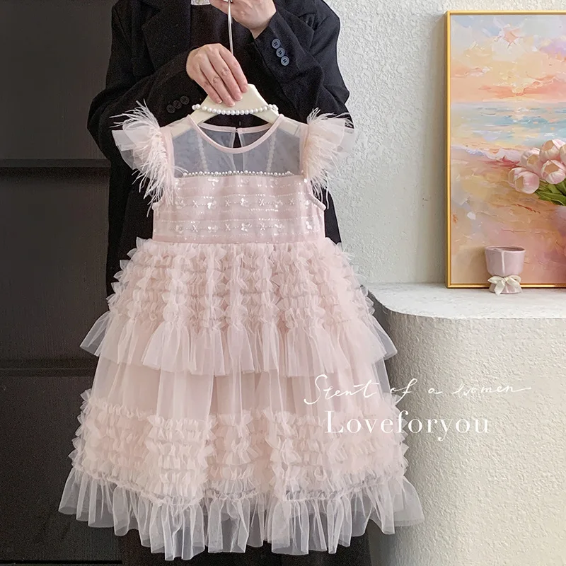 

2025Girls' Summer New Sweet Temperament Little Flutter Sleeve Cake Vest Birthday Mesh Dress