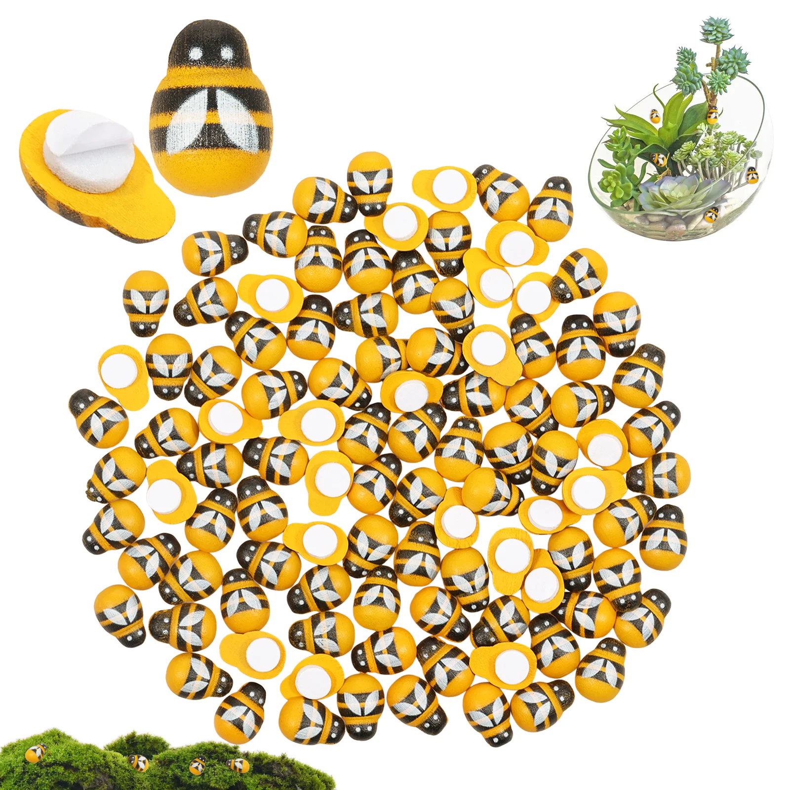 100Pcs Mini Wooden Bee Ladybug Shaped Sticker Self-adhesive Honey Bee Ladybug Tiny Ornament for Craft Micro Landscape Decoration