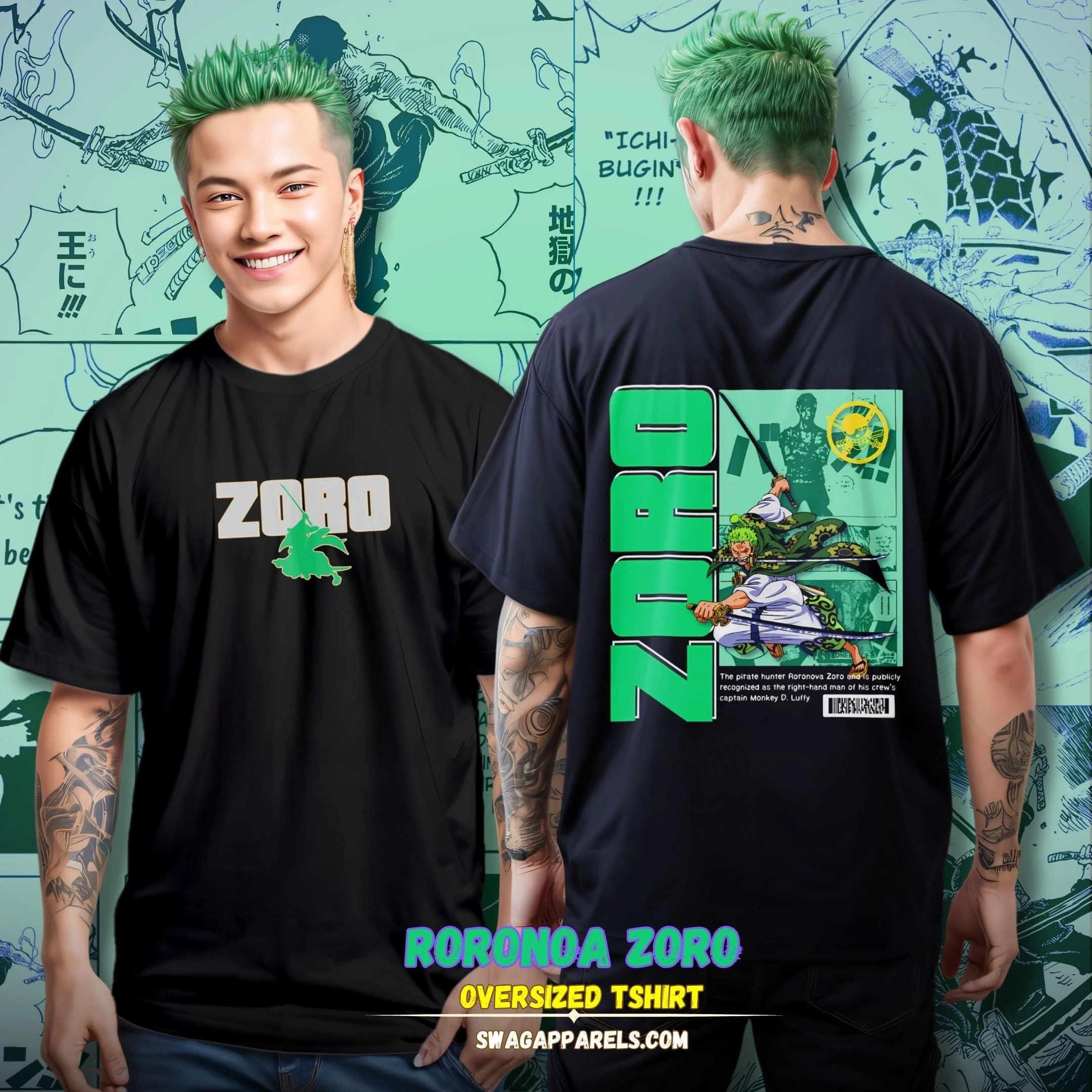

Summer 2026 One Piece Ronoya Zoro Double Printed 100% Pure Cotton Loose T-shirt for Men and Women, Parent-child Top Y2k