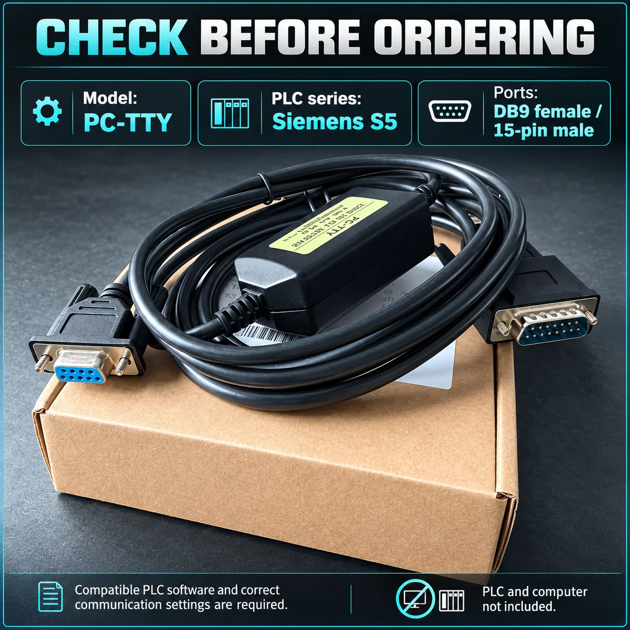 PC-TTY DB9 Female to DB15 Male Communication Cable for Siemens S5 PLC Program Upload Download OD5.0