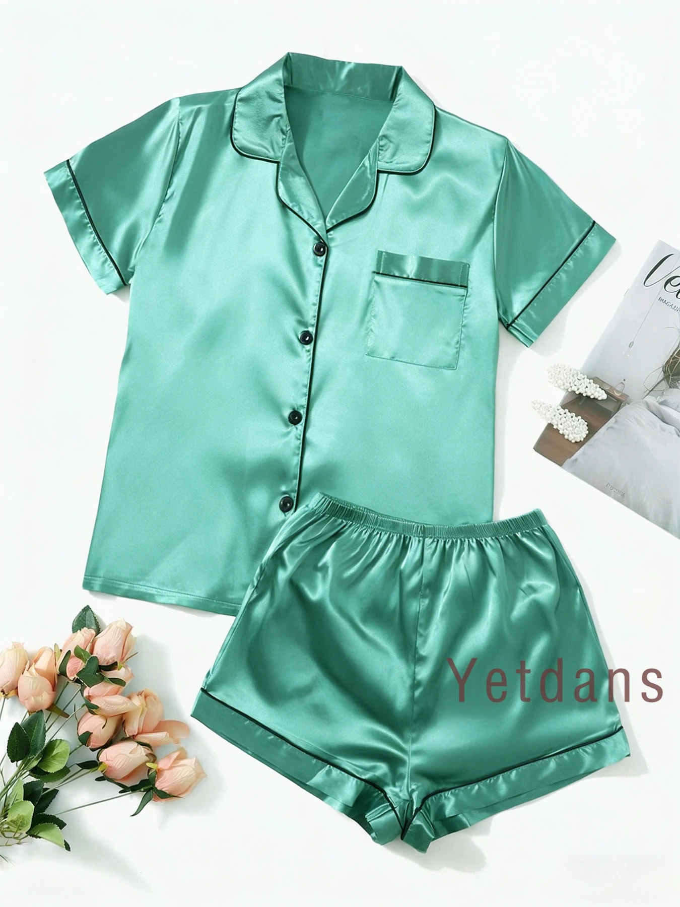 Women's Faux Silk Satin Pajama Set Summer Pajamas 2Pcs Notched Collar Short Sleeve Top & Shorts Silky Skin-Friendly Sleepwear
