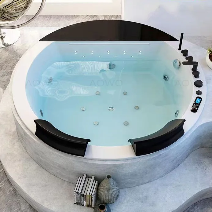 

Hot Tub Indoor Spa Underground Spa Bath Round 4-person Jacuzzis With Black Faucet To-to Waterfall Sap Bathtubs LED Phototherapy