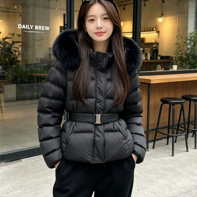 New Women Parkas Korean Winter Jacket Coat Retro Big Fur Collar Belt Warm Hooded Cotton Padded Jacket Female Outerwear Chic Tops