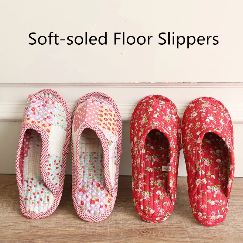 Floral Print Women\'s Soft Sole Slippers Mute Non-Slip Cotton Shoes For Women Large Floor House Indoor Flat Sandals