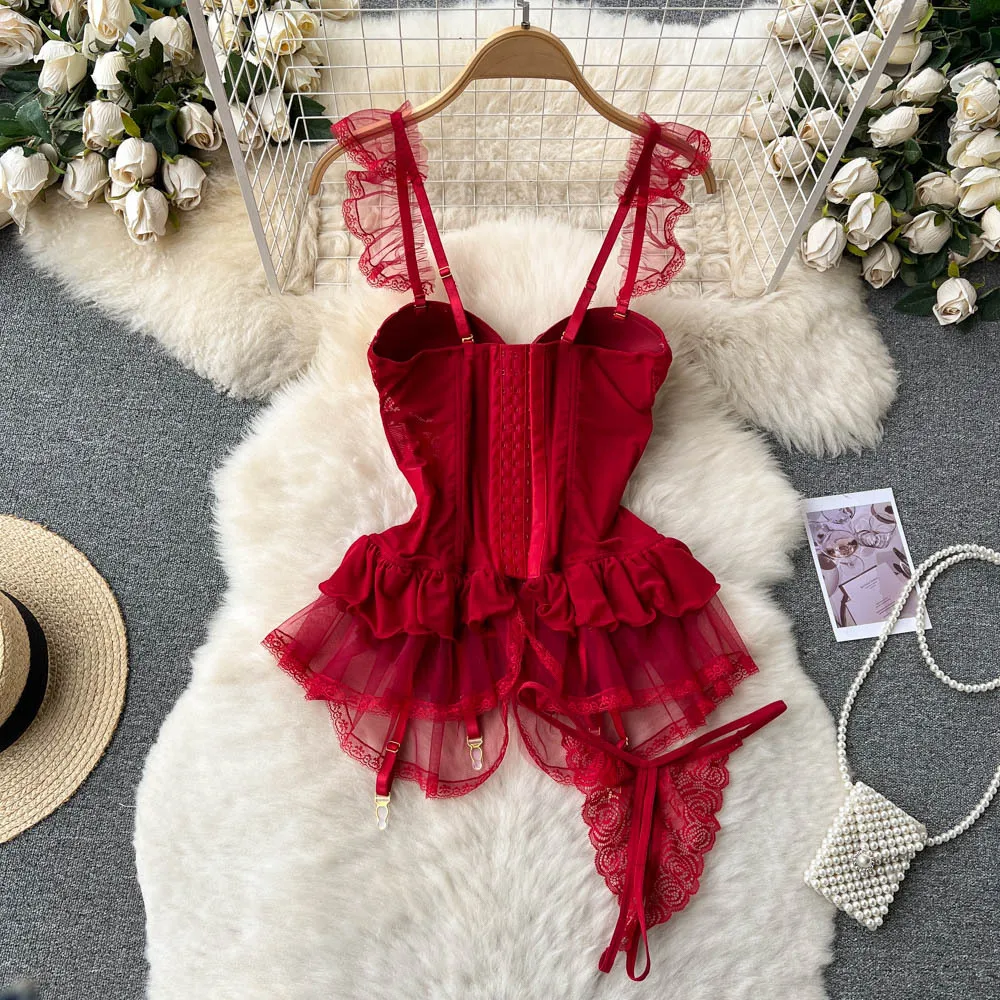Lace Sexy Underwear Suits Women Ruffles Sheer Camis Mesh Sensual Dress Suits Porno Erotic Open Crotch Slim Pajamas