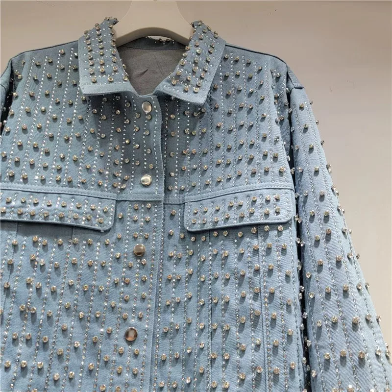 Chaqueta vaquera azul con cuentas de diamante para trabajo pesado, chaqueta vaquera holgada informal para primavera y otoño, chaqueta vaquera de manga larga con cuello vuelto para mujer