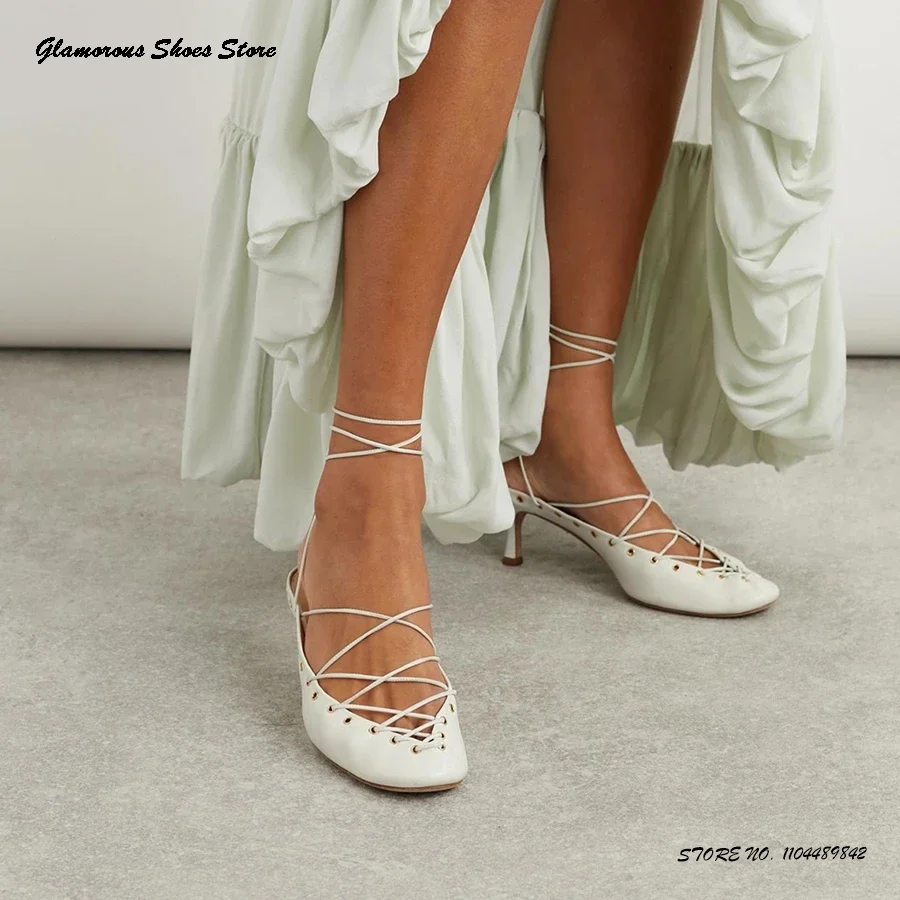 

Cross-tied Lace-up Leather Pumps Elegant Women Round Toe High Heel Mules Spring Summer Catwalk Runway Streetwear Party Shoes