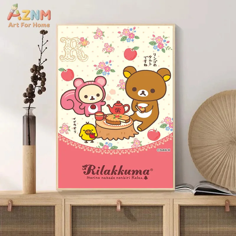 AZNM Rilakkuma Frameless Canvas Wall Art - Cute Yellow Background Character Poster with Cat Ears and Paw Prints, Kawaii Relax De