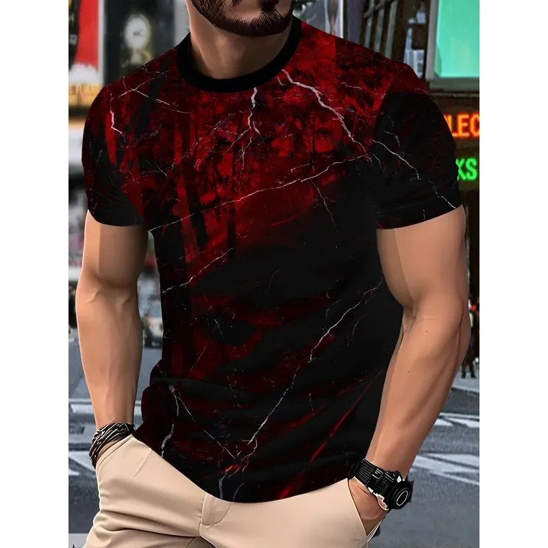 Men's Black Red Lightning Forest Print T-Shirt Streetwear Hardcore Cool Contrast Color Breathable Casual Tee 2026 Fashion Top