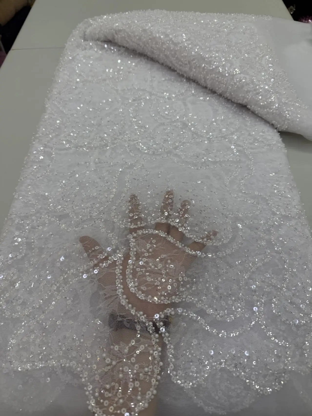 

2025 African Nigerian High-Quality Sequins Embroidery Tulle Lace Fabric Sewing Beads Stone for Prom Dresses 5 Yards JY474