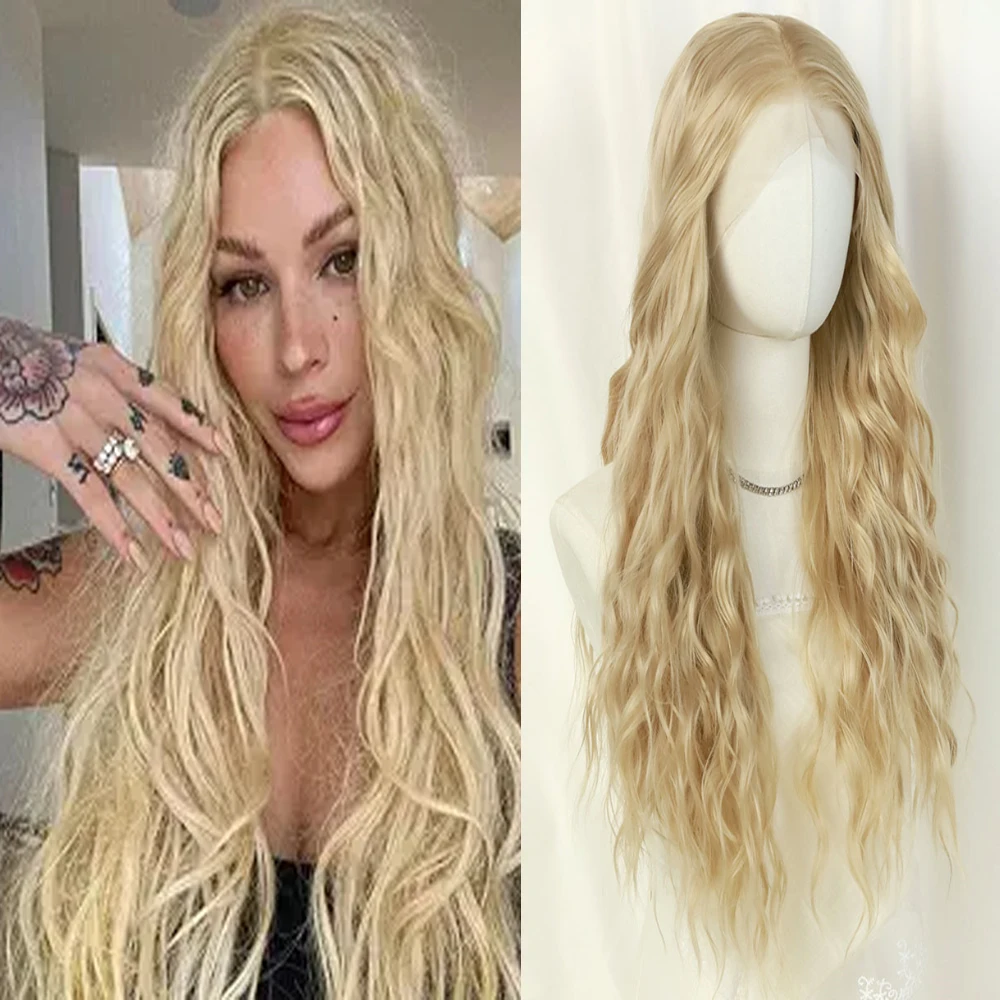 13x4 26 Inch Blonde Wavy Curly Synthetic Lace Front Wigs for Women Glueless Pre-Cut Lace Front Wig Hair Blend Natural Looking Soft Lace Frontal Wig with Baby Hair Pre Plucked Hairline Beginner Friendly Ready to Wear Daily Party Cosplay Use