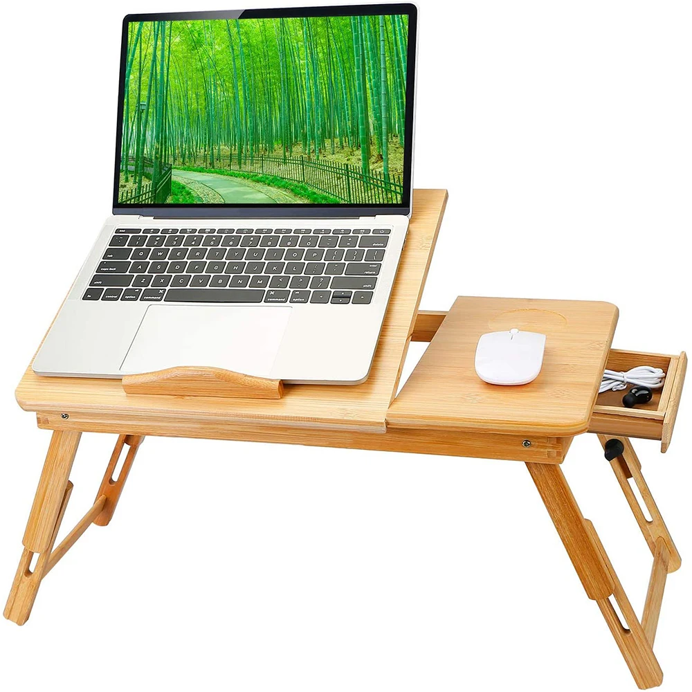 Support d'ordinateur Portable en Bambou Table de Bureau Pliable pour Ordinateur Table de Lit Réglable pour Ordinateur Plateau de Service pour Lit et Canapé