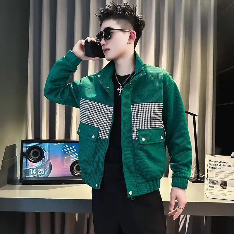 Fashion Loose Zipper Pockets Spliced Houndstooth Jackets Men\'s Clothing 2023 Autumn Winter Oversized Korean Tops Casual Coats