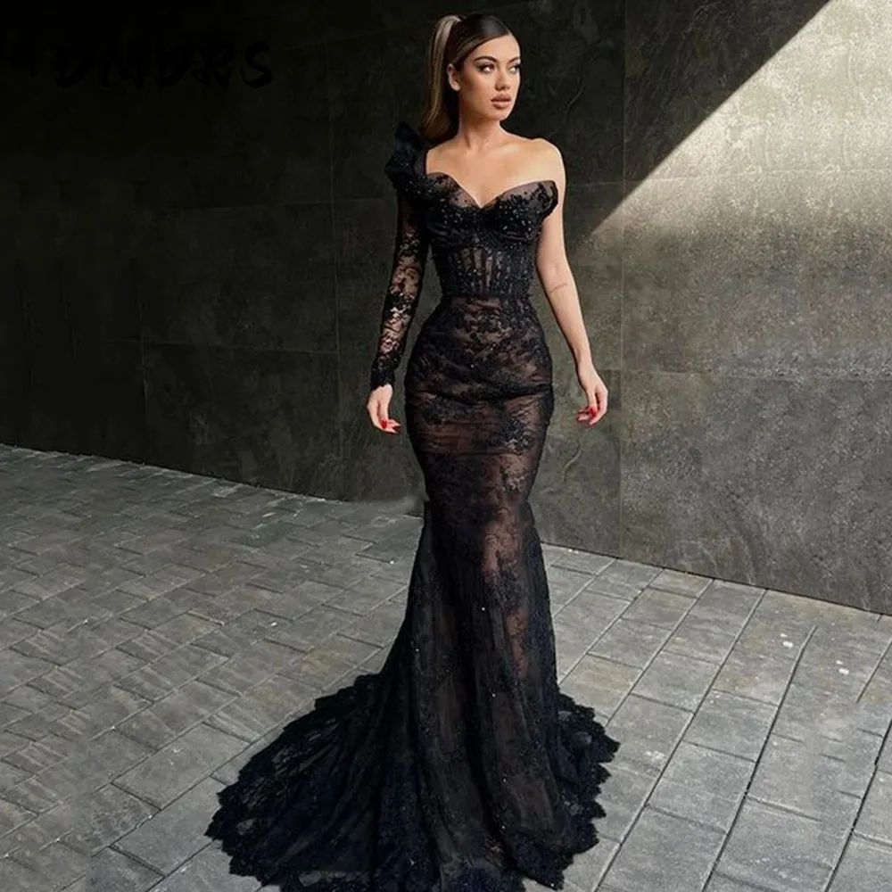 Elegant Long Black Mermaid Prom Dress One Sleeve Sweetheart Lace Evening Gowns Party Graduation Dresses Vestido De Noche