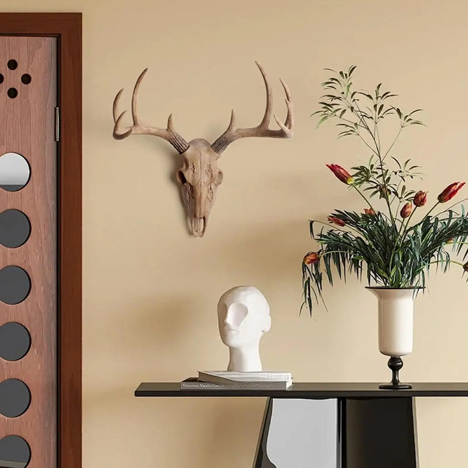 Vintage Deer Head Wall Mount Resin Antler Plaque Farmhouse Lodge Cabin Decor Rustic Home Office Mantel Art Unique Halloween Gift