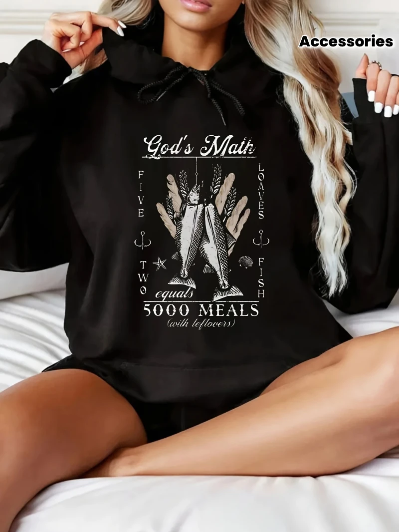 

Женская толстовка с капюшоном Christian Faith God's Math 5 Loaves 2 Fish = 5000 Meals Verse Design Черный с белым принтом Пуловер с длинными рукавами