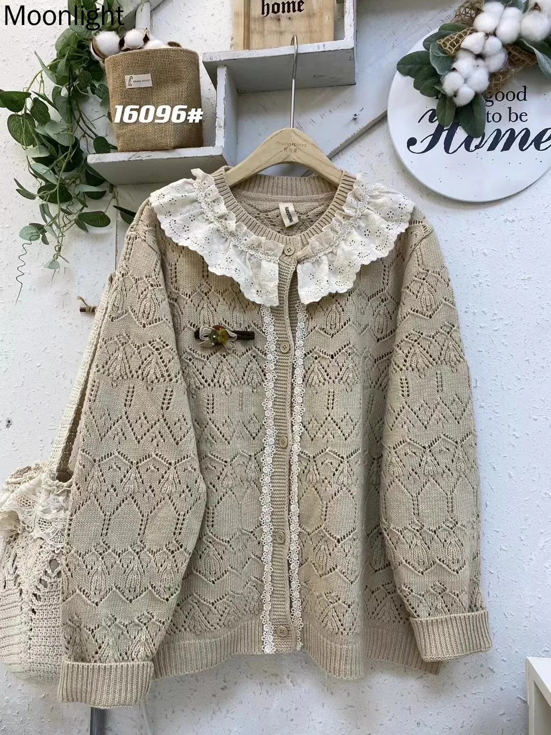 Sweet Round Collar Hollow-Out Sweater Coat Mori Style Lace Patchwork Knitted Sweaters Loose Wide Long Sleeve Cardigan Jacket