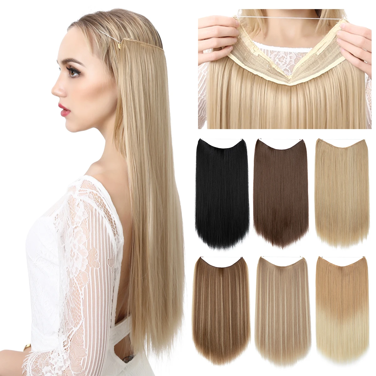 SARLA Synthetic No Clip Hair Extension Ombre Natural Fake False Long Straight Hairpiece Blonde Hair For Women