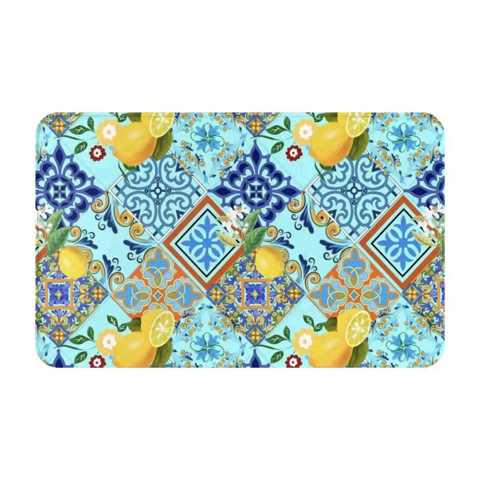 Mediterranean Tiles & Lemons Soft Cushion Car Home Carpet Door Mat Mediterranean Yellow Lemons Portuguese Portugal Spain