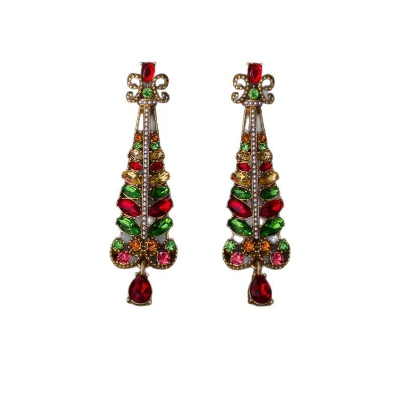 New Colorful Rhinestone Stud Christmas Tree Earrings Temperament High-end Personality Earrings Medieval Vintage Earrings Classic