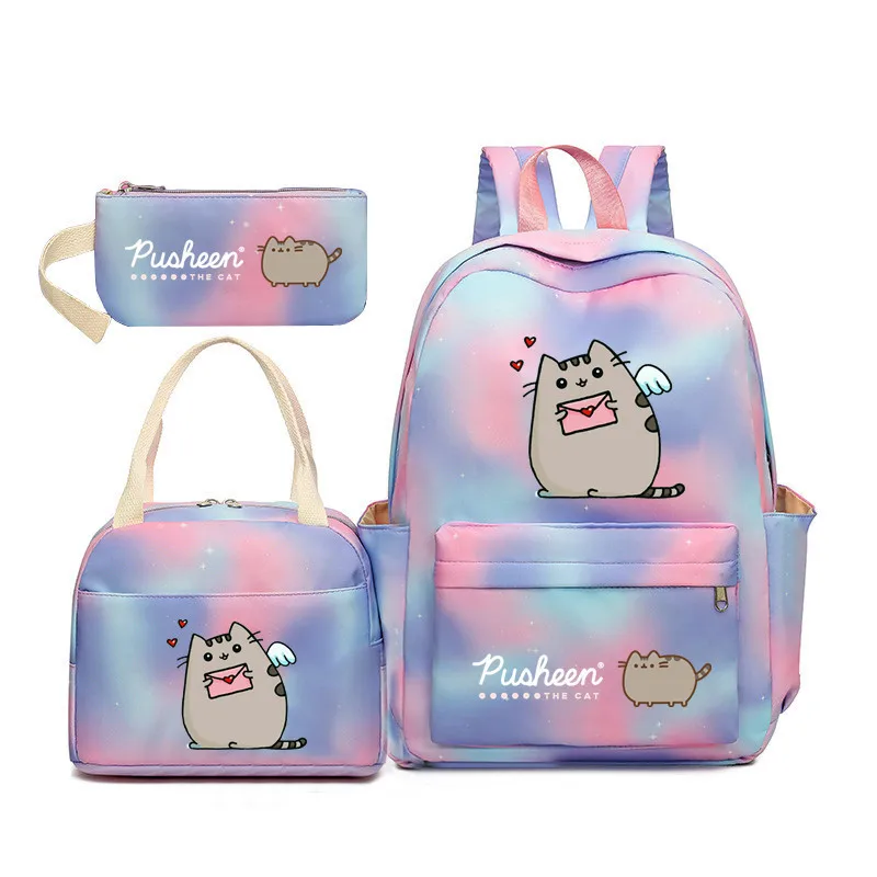 New Model Pusheen The Cat Gradient Rainbow Backpack Girl Heart Ins Primary and Secondary School Students Three Piece Backpack