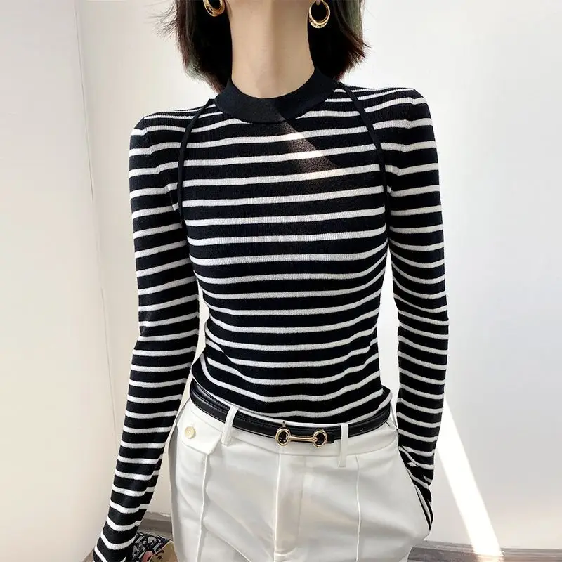 Vintage Striped Knitted Autumn 2024 New Splicing Pullover O-Neck Fashion Slim Minimalist Comfortable Casual Long Sleeve Tops