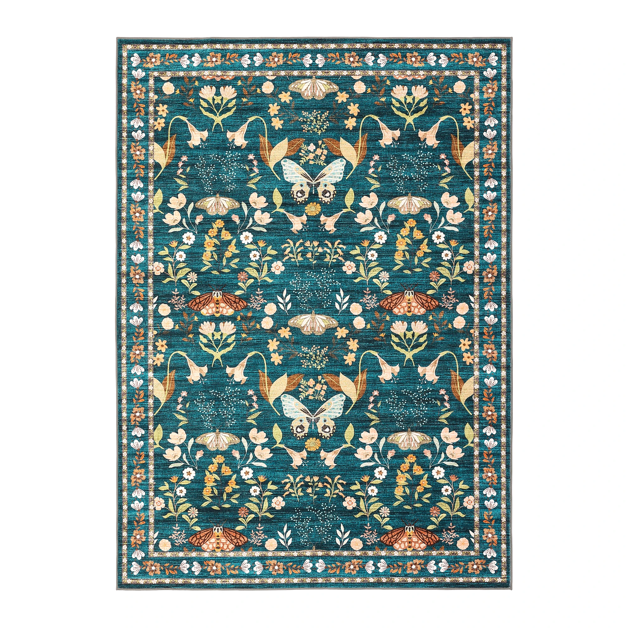 Boho Butterfly & Floral Washable Area Rug – Non-Slip, Low Pile, Mark-Resistant Carpet for Living Room, Bedroom, Dining Room – Dark Green