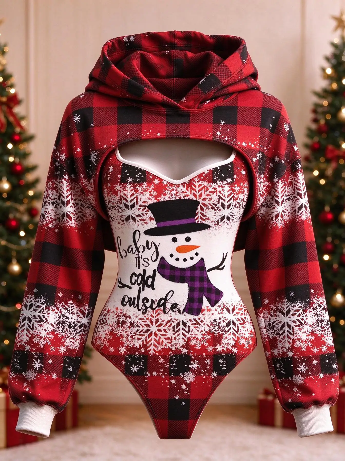 Christmas Women 2 Piece Set Purple Black Plaid Gradient Snowman Print Bodysuit & Hooded Shrug Xmas Party Outfit