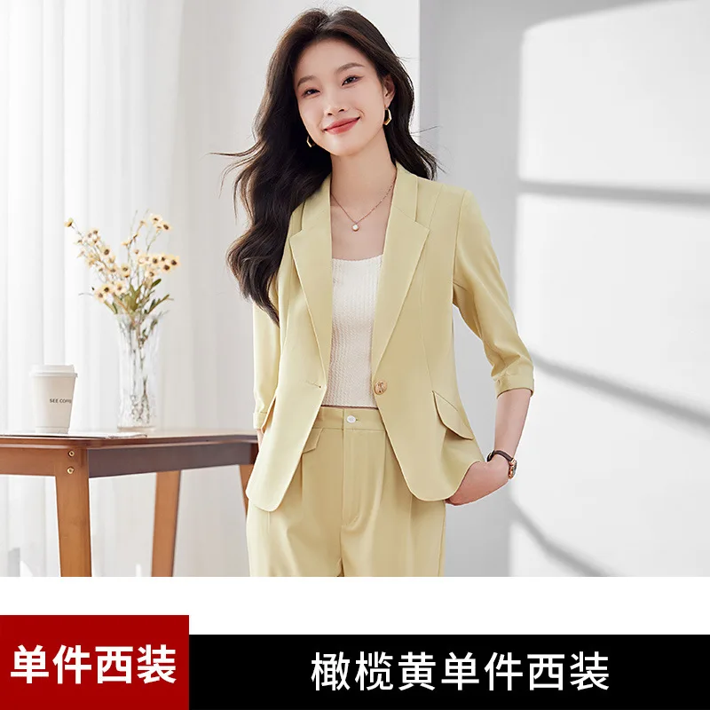 2024New Yellow Small Suit Jacket Women's Summer Thin Business Wear Temperament Leisure Small Suit Suit