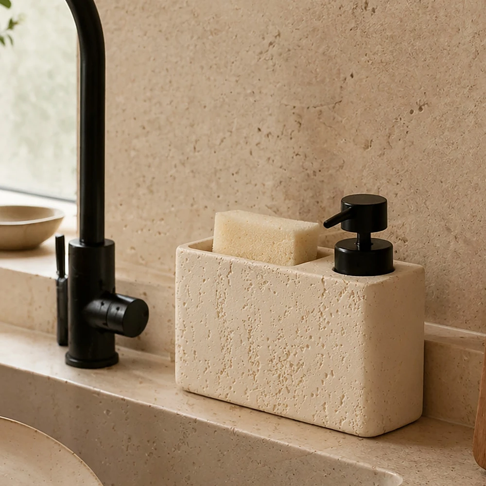 Travertine Soap Dispenser with Storage Tank Stone Texture Resin Emulsion Bottle Bathroom Countertop Receiver Home Decoration