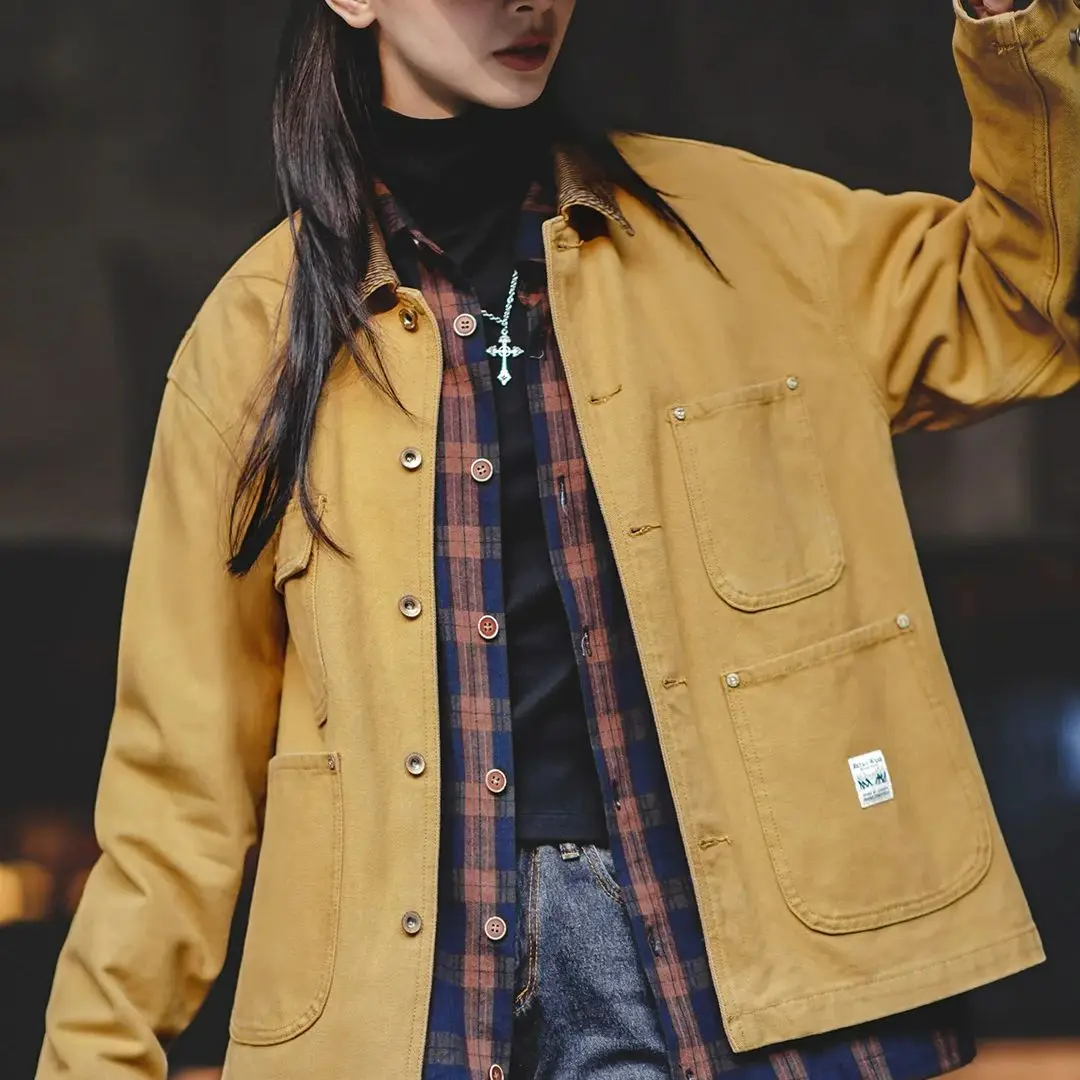 Maden Chaqueta vintage de lona Michigan para mujer con clásico cuello de pana y cuatro bolsillos chaqueta de otoño de algodón para mujer chaqueta de trabajo