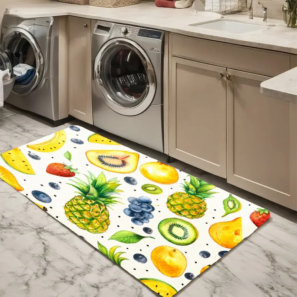 3PCS Mat Set,  Home Decoration for Front Door, Kitchen,  Fruit Pattern With Pineapple Kiwi Mango And Blueberry Kitchen Rug.