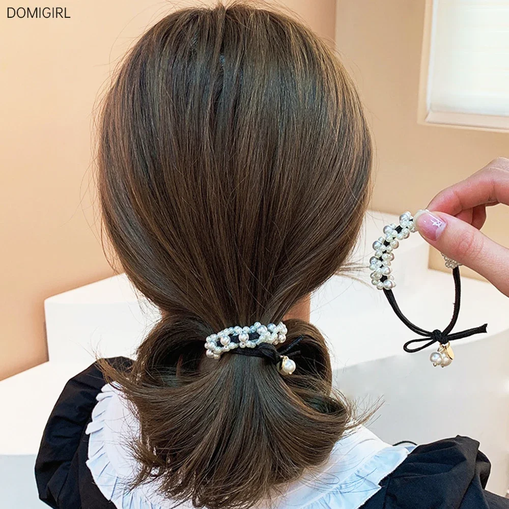 Elegant Pearl Elastic Hair Tie Korean Flower Beaded Weave Hair Rope Scrunchies Fashion Ponytail Hair Accessories For Women