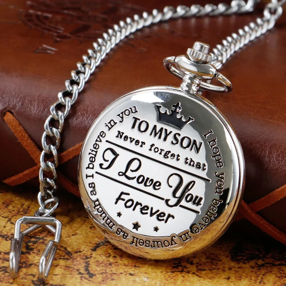 Silver Pocket Watch Engraved Pocket Watch To My Son I Love You Gifts from Mom Dad For Christmas Birthday Quartz Watches Men