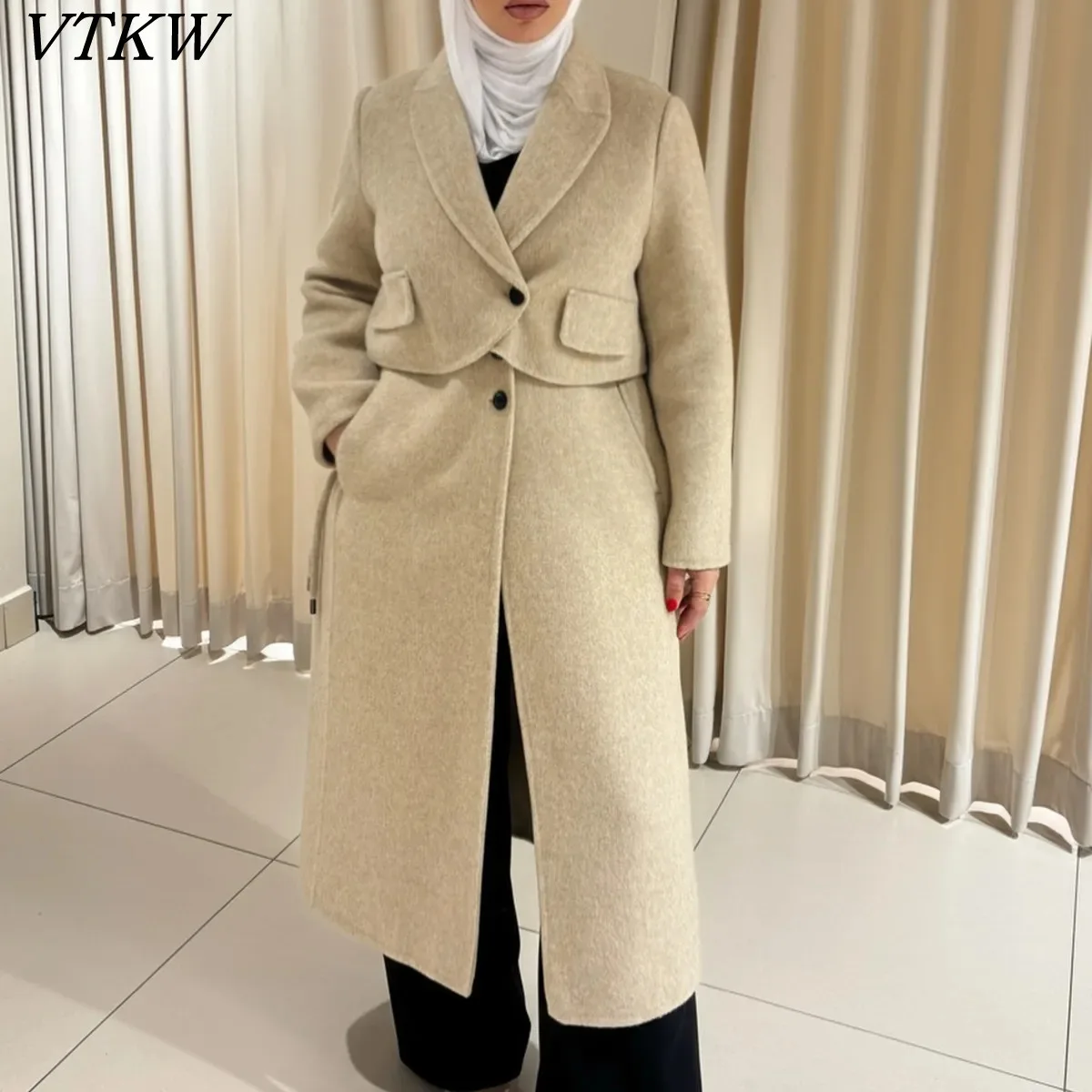 

VTKW Women's Spring Coat 2025 New Lapel Double Button Long Sleeve Waist-Tie Solid Color Office Lady Outerwear Fashion Long Coat