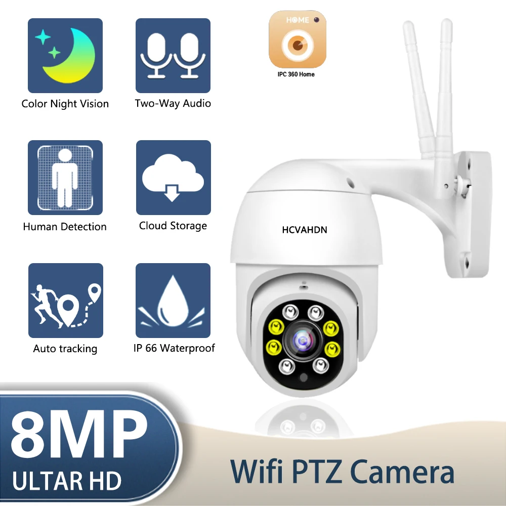 

4K Wifi PTZ IP Security Camera Outdoor Waterproof Auto Tracking Wireless 8MP CCTV Video Surveillance Camera Color Night Vision