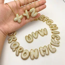 18K Gold Plated Inlaid Filled with Zircon Chunky Letters Alphabet Pendant Neckalce for Women Stainless Steel Bubble Initial Gift