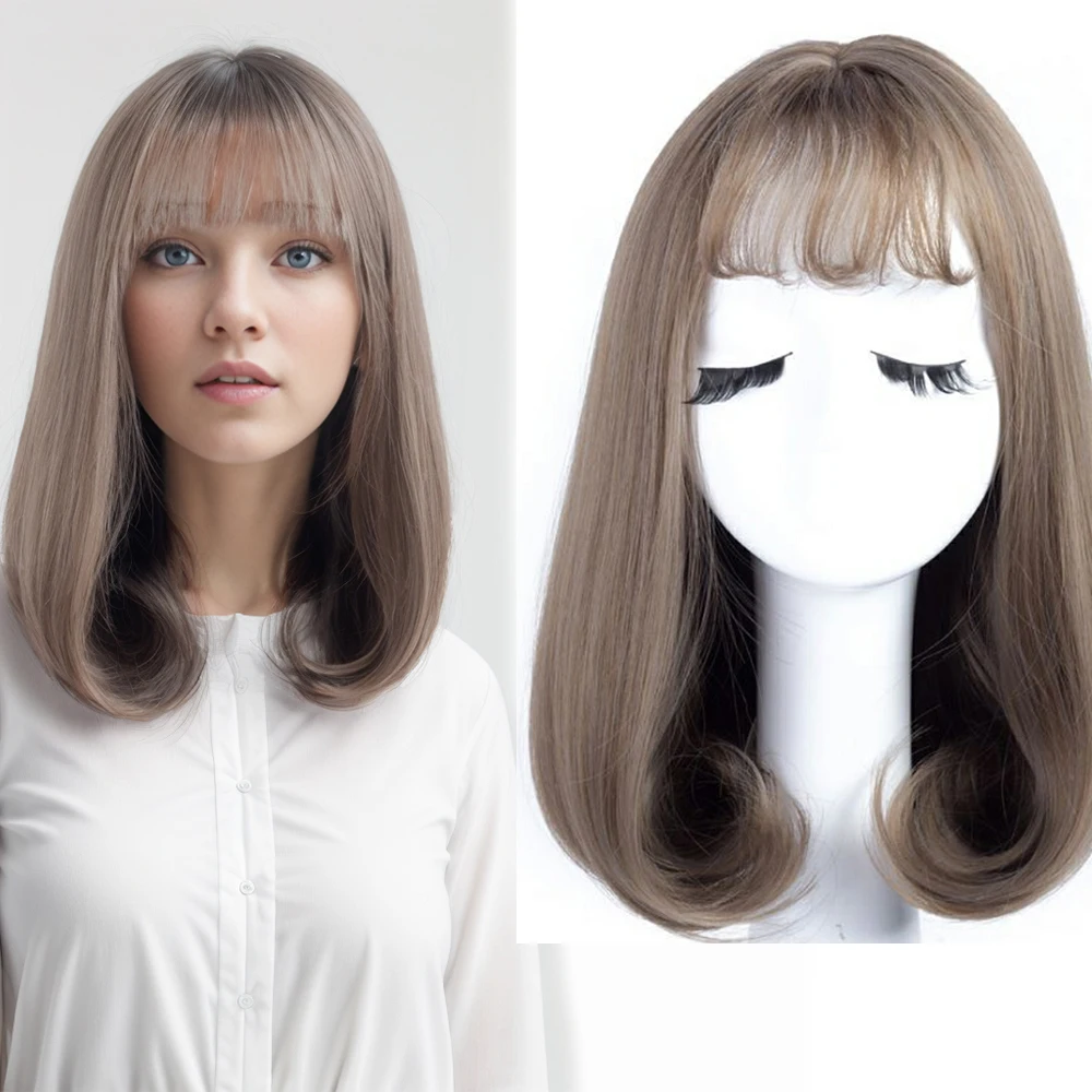 

45cm bone Straight Inner curly Bob hair Synthetic wigs with Thin bangs Light brown Heat Resistant Cosplay Lolita women wear wigs